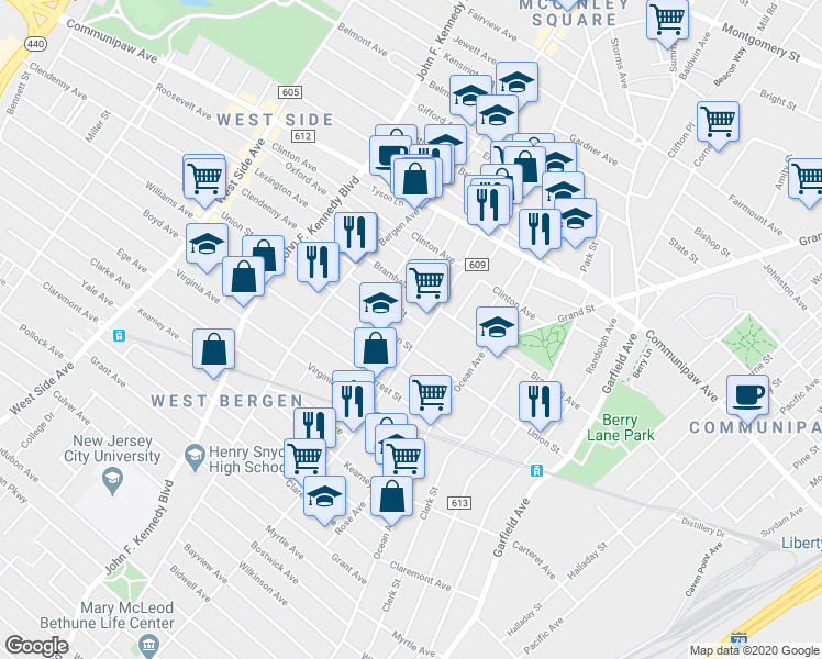 map of restaurants, bars, coffee shops, grocery stores, and more near 481 Martin Luther King Drive in Jersey City