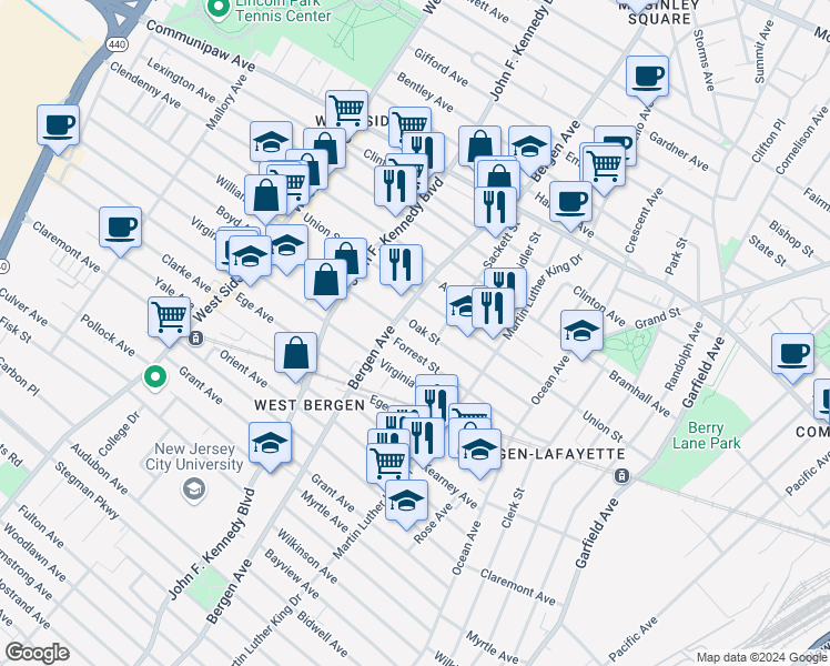 map of restaurants, bars, coffee shops, grocery stores, and more near 105 Oak Street in Jersey City