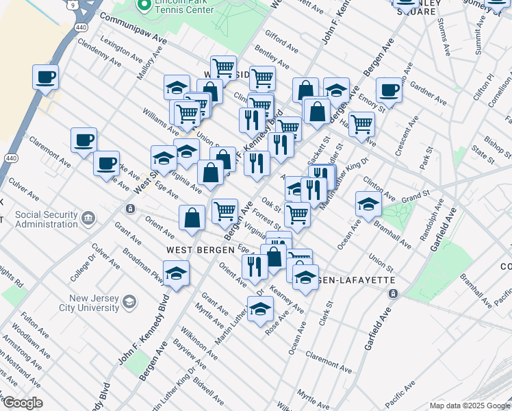 map of restaurants, bars, coffee shops, grocery stores, and more near 105 Oak Street in Jersey City