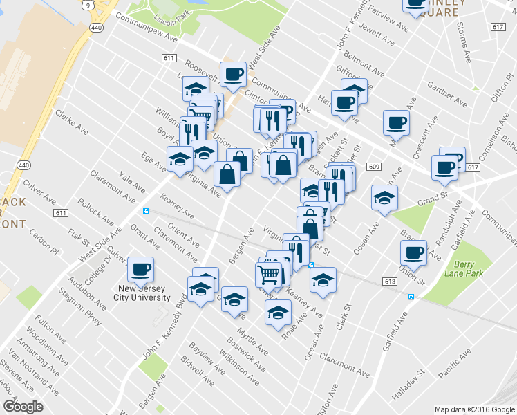 map of restaurants, bars, coffee shops, grocery stores, and more near 367 Bergen Avenue in Jersey City