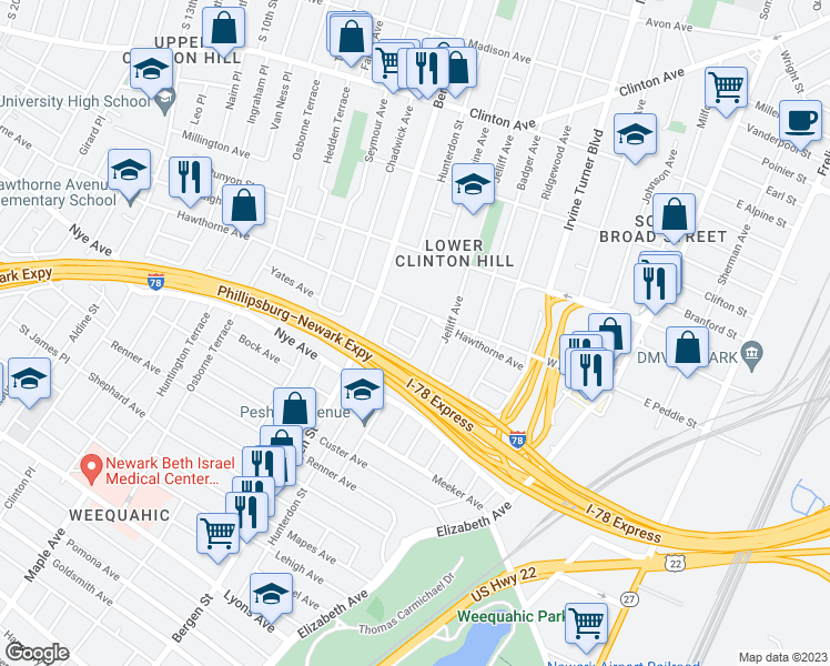 map of restaurants, bars, coffee shops, grocery stores, and more near 358 Peshine Avenue in Newark