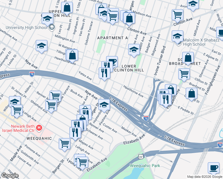 map of restaurants, bars, coffee shops, grocery stores, and more near 836 Hunterdon Street in Newark