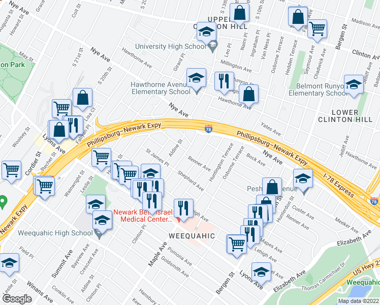 map of restaurants, bars, coffee shops, grocery stores, and more near 321-323 Renner Avenue in Newark