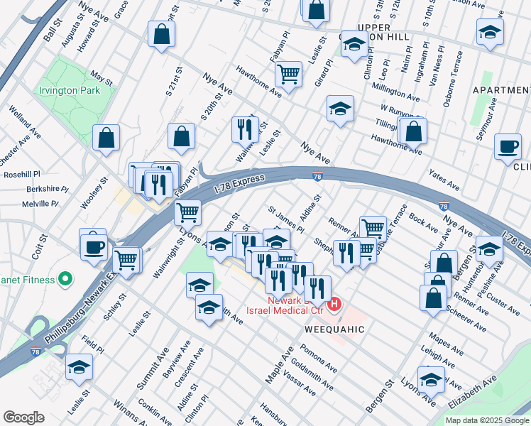 map of restaurants, bars, coffee shops, grocery stores, and more near 146 Dewey Street in Newark