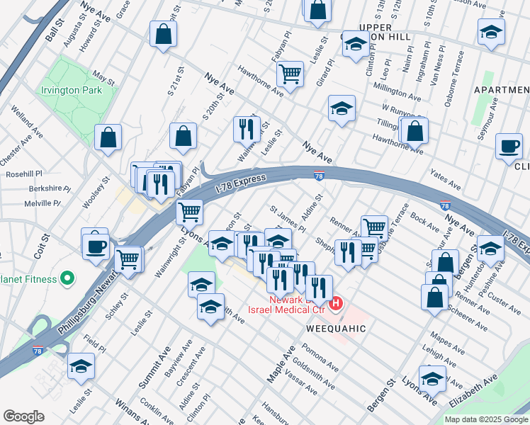 map of restaurants, bars, coffee shops, grocery stores, and more near 146 Dewey Street in Newark