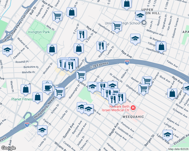 map of restaurants, bars, coffee shops, grocery stores, and more near 50 Shaw Avenue in Newark