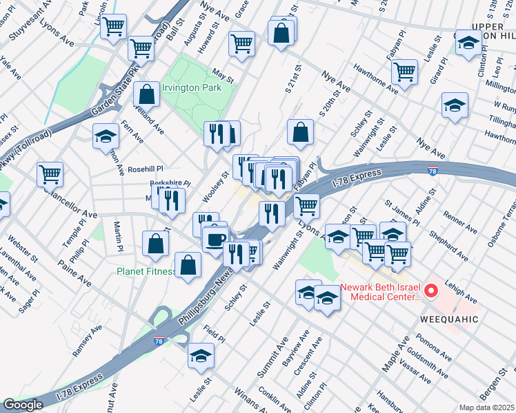 map of restaurants, bars, coffee shops, grocery stores, and more near 21 Stecher Street in Newark