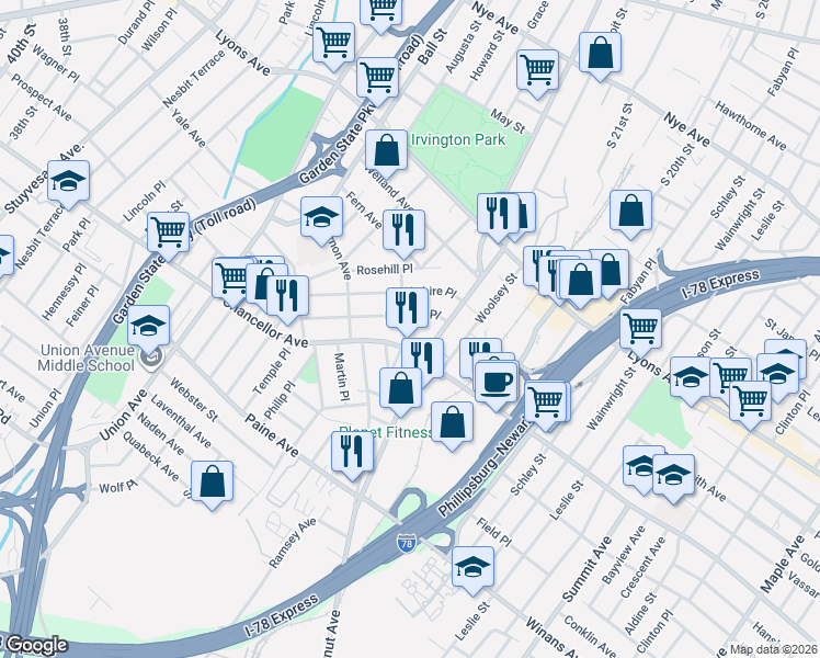 map of restaurants, bars, coffee shops, grocery stores, and more near 47 Norwood Avenue in Irvington