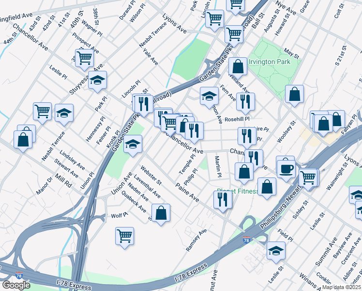 map of restaurants, bars, coffee shops, grocery stores, and more near 682 Chancellor Avenue in Irvington