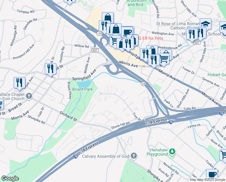 map of restaurants, bars, coffee shops, grocery stores, and more near 67B Troy Drive in Springfield