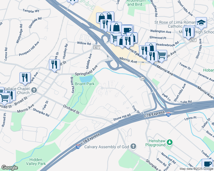 map of restaurants, bars, coffee shops, grocery stores, and more near 101D Troy Drive in Springfield