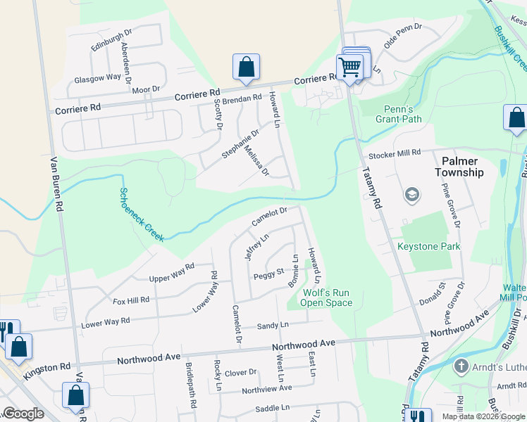map of restaurants, bars, coffee shops, grocery stores, and more near 1413 Camelot Drive in Easton