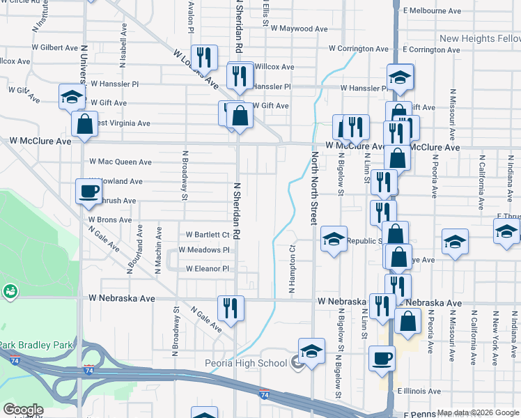 map of restaurants, bars, coffee shops, grocery stores, and more near 2207 North Ellis Street in Peoria