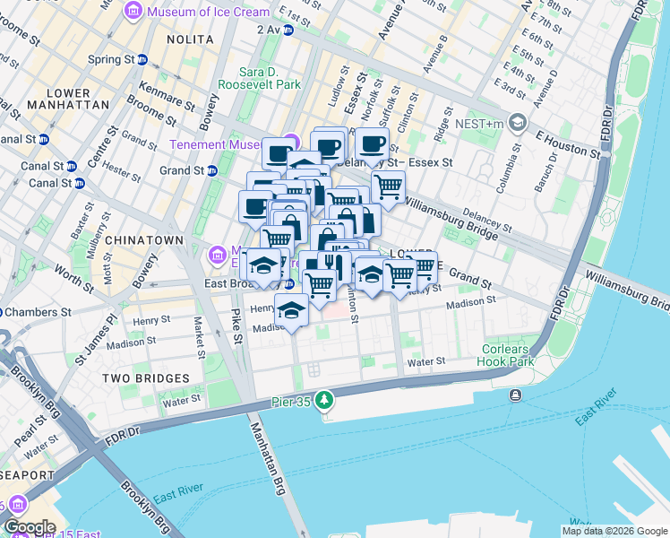 map of restaurants, bars, coffee shops, grocery stores, and more near 210 East Broadway in New York