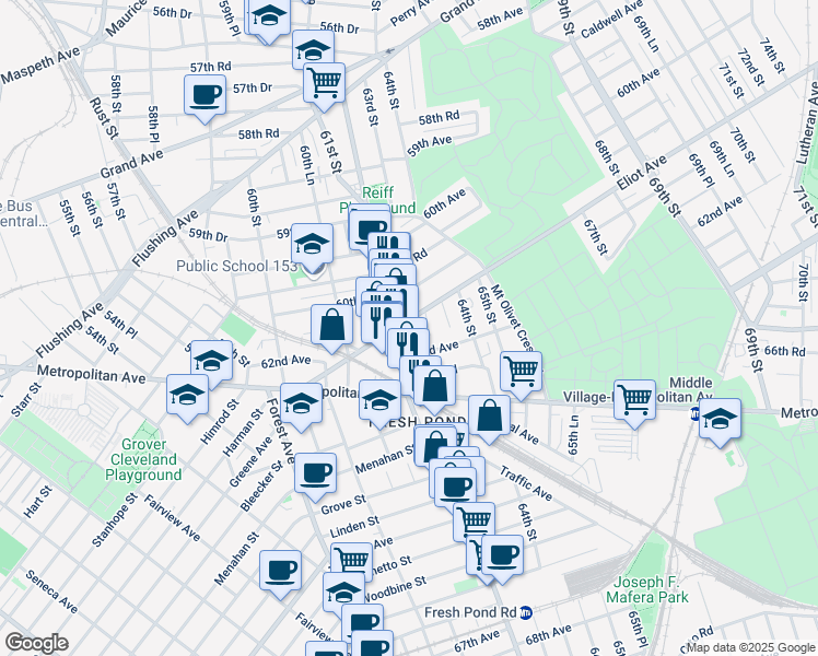 map of restaurants, bars, coffee shops, grocery stores, and more near 61-40 Eliot Avenue in Queens