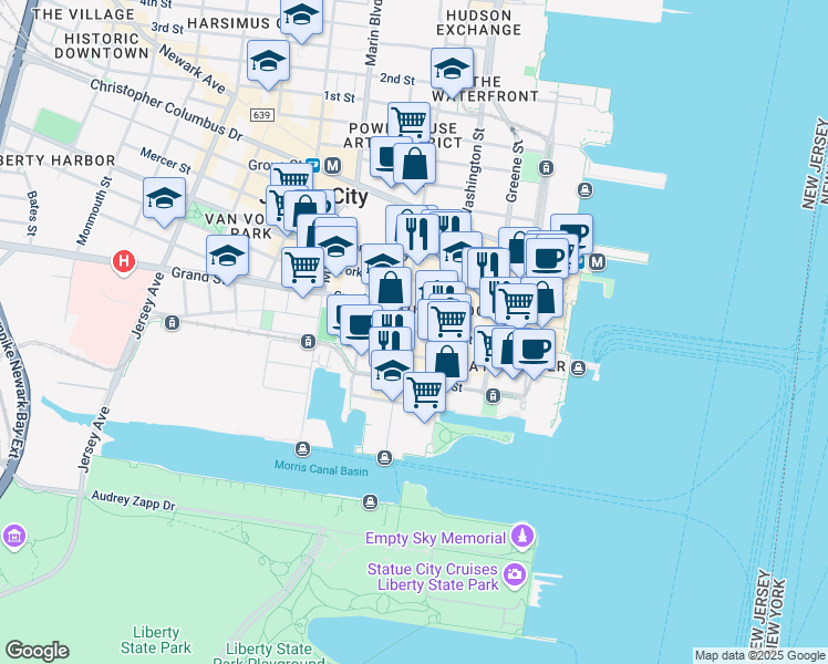 map of restaurants, bars, coffee shops, grocery stores, and more near Sussex Street in Jersey City