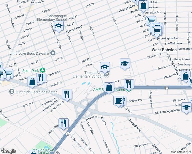 map of restaurants, bars, coffee shops, grocery stores, and more near 829 Tooker Avenue in West Babylon