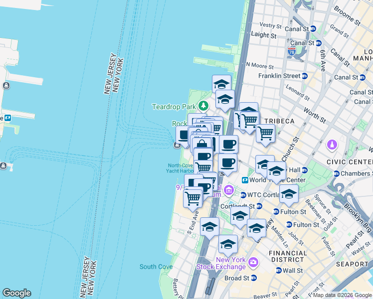 map of restaurants, bars, coffee shops, grocery stores, and more near 1 North End Avenue in New York