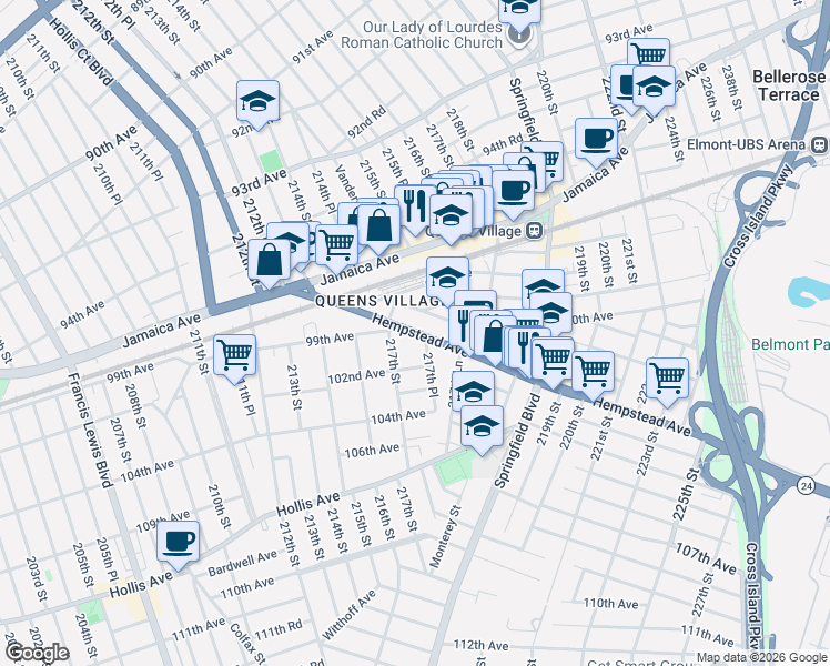 map of restaurants, bars, coffee shops, grocery stores, and more near 217-59 Hempstead Avenue in Queens
