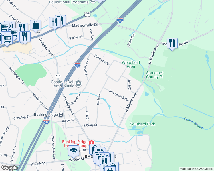 map of restaurants, bars, coffee shops, grocery stores, and more near 4 Sunnybrook Road in Basking Ridge
