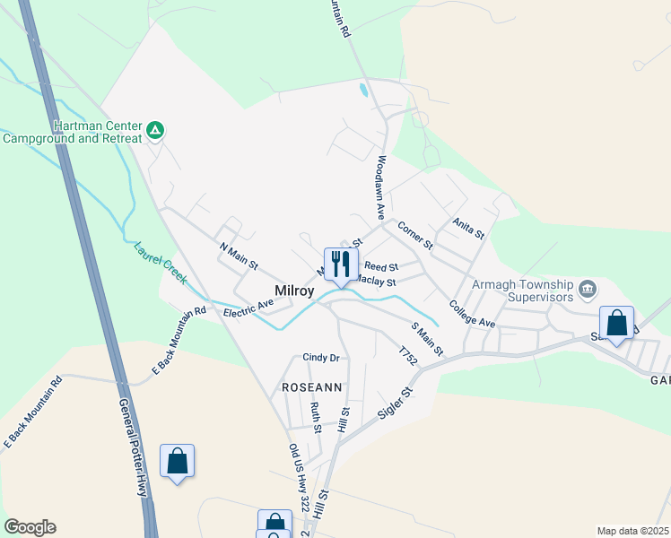 map of restaurants, bars, coffee shops, grocery stores, and more near 30 Maclay Street in Milroy
