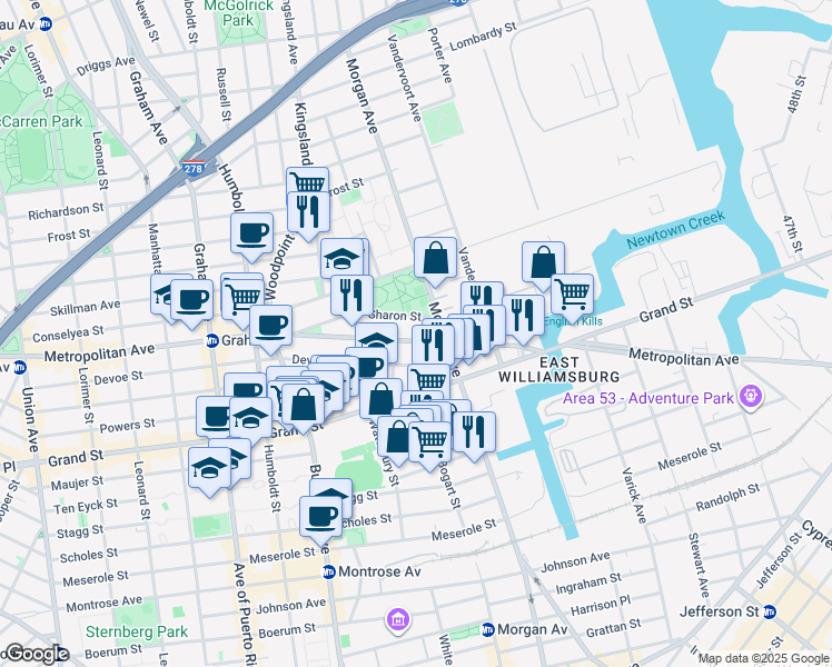 map of restaurants, bars, coffee shops, grocery stores, and more near 991 Metropolitan Avenue in Brooklyn