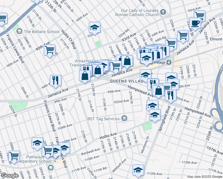 map of restaurants, bars, coffee shops, grocery stores, and more near 213-33 99th Avenue in Queens