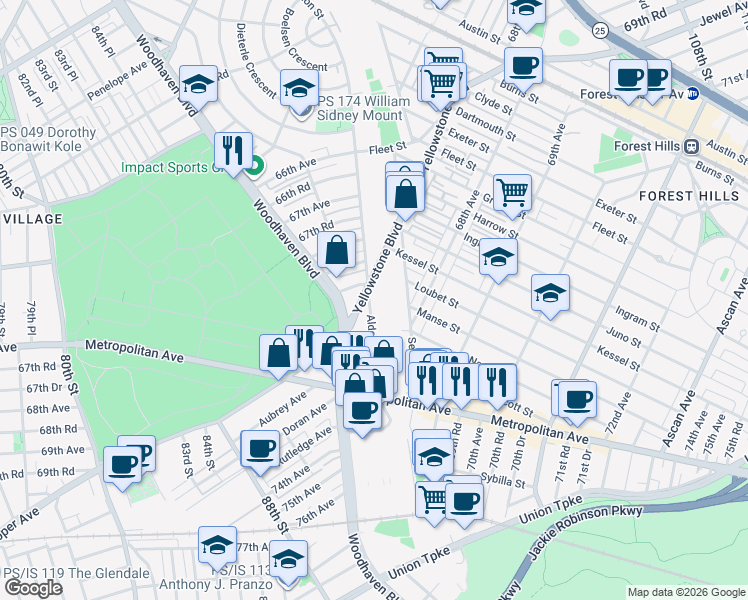 map of restaurants, bars, coffee shops, grocery stores, and more near 68-27 Alderton Street in Queens