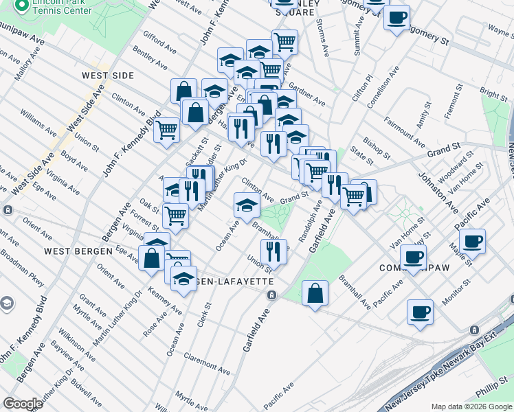 map of restaurants, bars, coffee shops, grocery stores, and more near 800 Grand Street in Jersey City