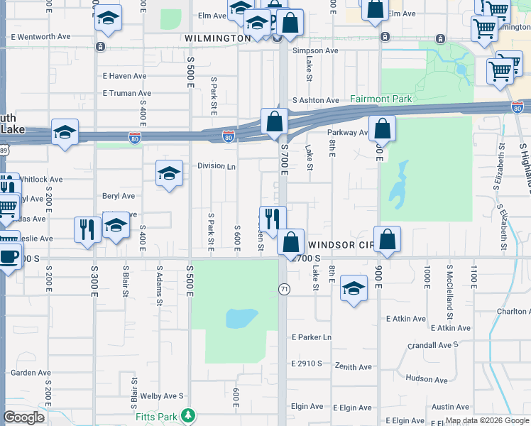 map of restaurants, bars, coffee shops, grocery stores, and more near 2580 South Green Street in Salt Lake City
