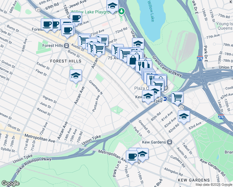 map of restaurants, bars, coffee shops, grocery stores, and more near 2-97 Burns Street in Queens