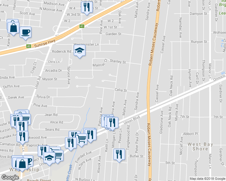 map of restaurants, bars, coffee shops, grocery stores, and more near 1274 Minerva Avenue in West Islip