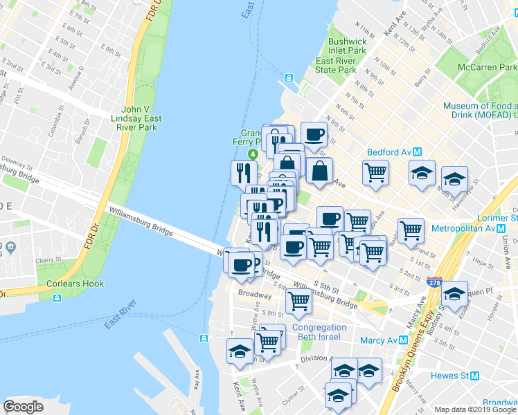 map of restaurants, bars, coffee shops, grocery stores, and more near Kent Ave & S 2nd St in Brooklyn
