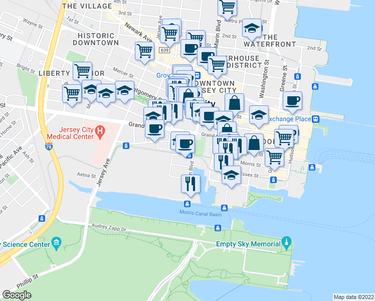 map of restaurants, bars, coffee shops, grocery stores, and more near 201 Marin Boulevard in Jersey City
