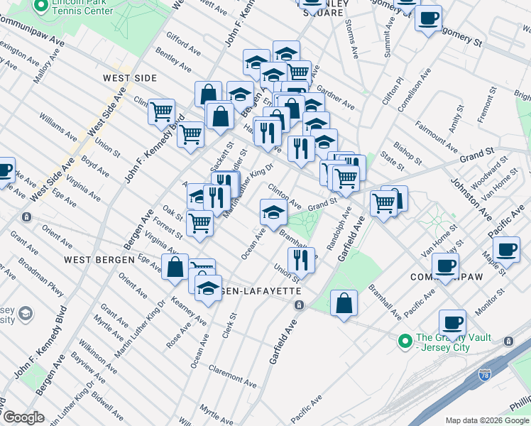 map of restaurants, bars, coffee shops, grocery stores, and more near 8 Madison Avenue in Jersey City