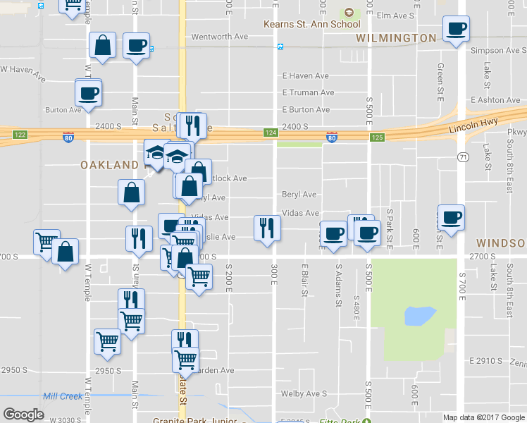 map of restaurants, bars, coffee shops, grocery stores, and more near 285 Vidas Avenue in Salt Lake City