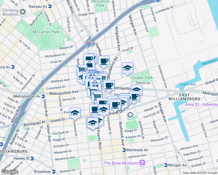 map of restaurants, bars, coffee shops, grocery stores, and more near Metropolitan Ave & Bushwick Ave in Brooklyn
