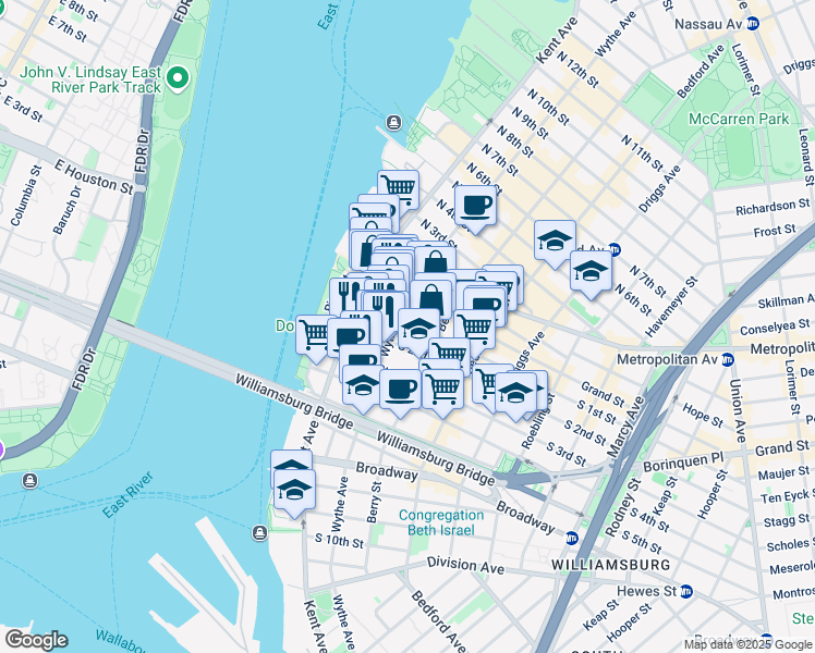 map of restaurants, bars, coffee shops, grocery stores, and more near 72 South 1st Street in Brooklyn