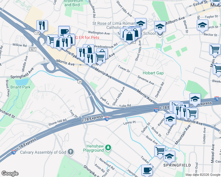 map of restaurants, bars, coffee shops, grocery stores, and more near 54 Springbrook Road in Springfield