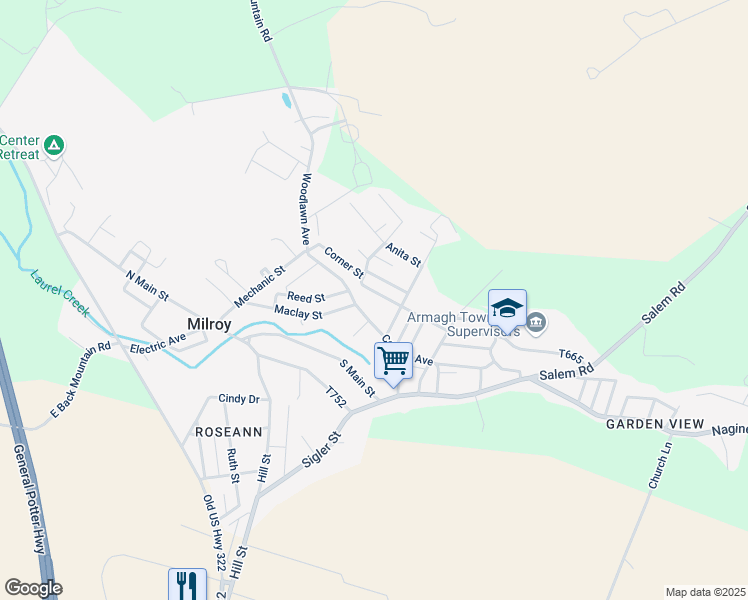 map of restaurants, bars, coffee shops, grocery stores, and more near 110 Broad Street in Milroy