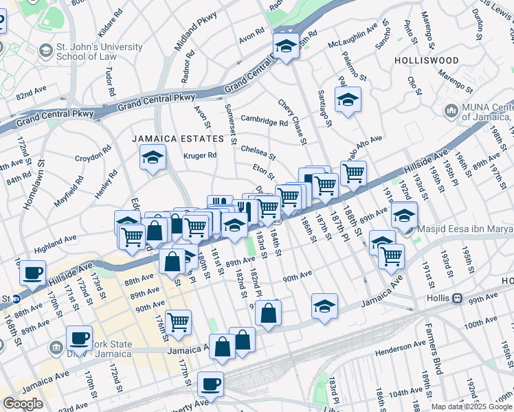 map of restaurants, bars, coffee shops, grocery stores, and more near 182-60 Wexford Terrace in Queens