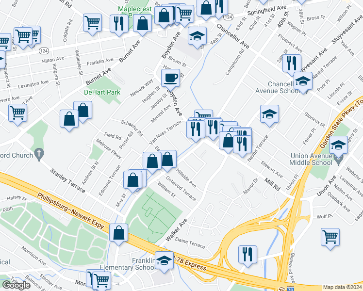 map of restaurants, bars, coffee shops, grocery stores, and more near 98 Van Ness Court in Maplewood