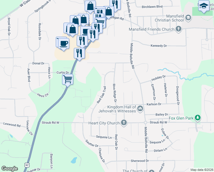 map of restaurants, bars, coffee shops, grocery stores, and more near 1700 Riva Ridge Drive in Mansfield