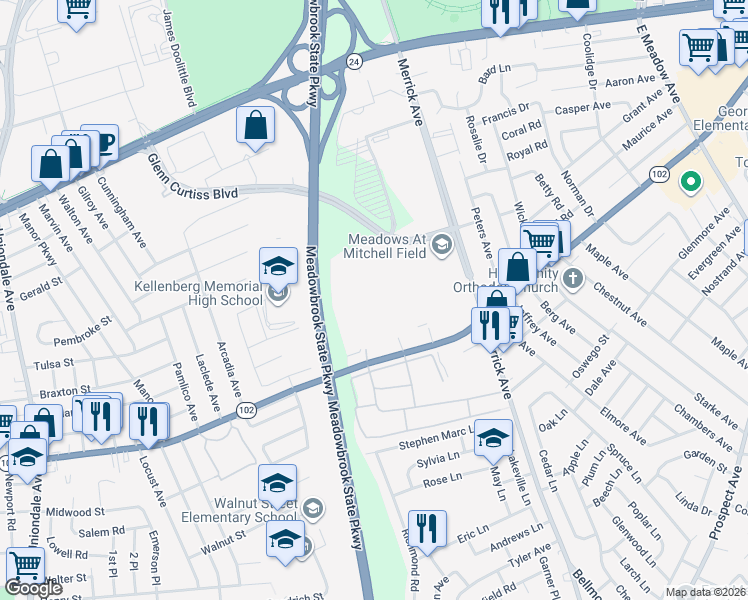 map of restaurants, bars, coffee shops, grocery stores, and more near Spring Drive in East Meadow