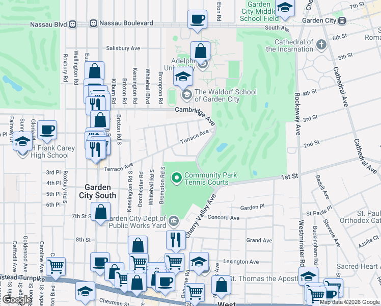 map of restaurants, bars, coffee shops, grocery stores, and more near 22 Lydia Lane in Garden City