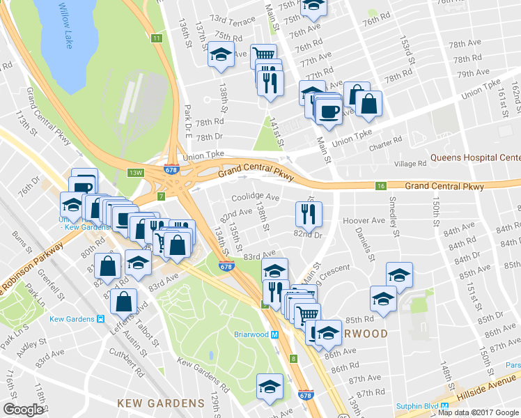 map of restaurants, bars, coffee shops, grocery stores, and more near 82nd Avenue in Queens