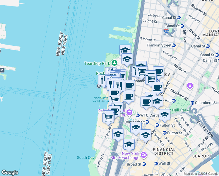map of restaurants, bars, coffee shops, grocery stores, and more near in New York