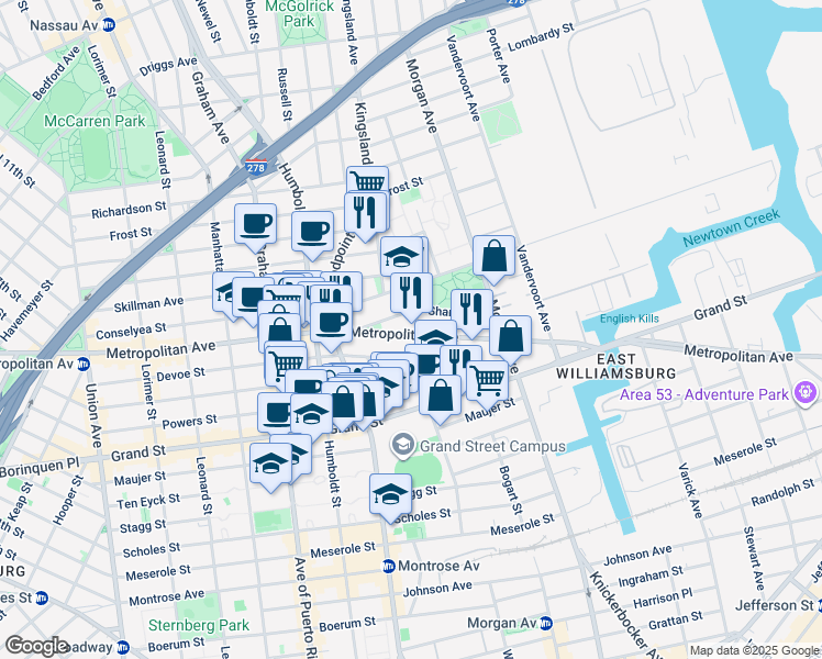 map of restaurants, bars, coffee shops, grocery stores, and more near 903 Metropolitan Avenue in Brooklyn