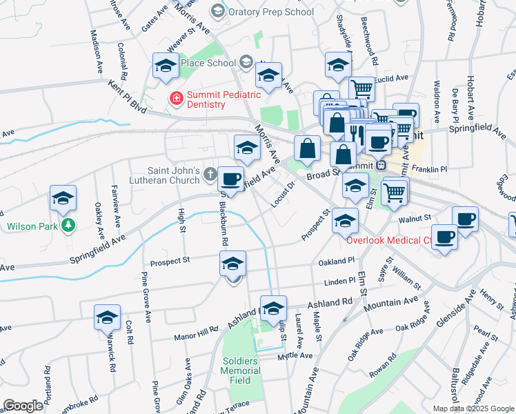 map of restaurants, bars, coffee shops, grocery stores, and more near 9 Tulip Street in Summit