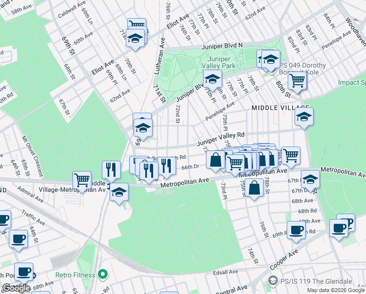 map of restaurants, bars, coffee shops, grocery stores, and more near 72-16 Juniper Valley Road in Queens
